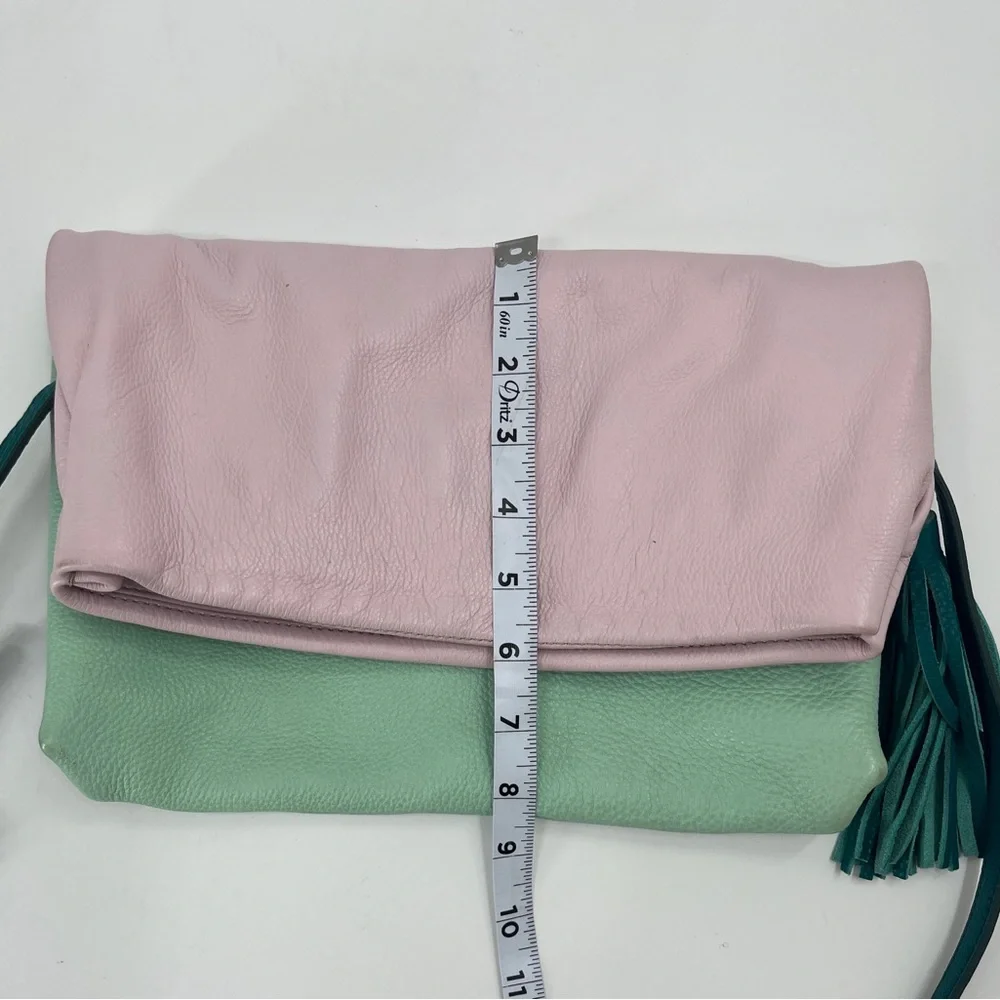 J Crew Leather Crossbody / Clutch with Pink & Green Color block and Fold Over - Picture 3 of 11